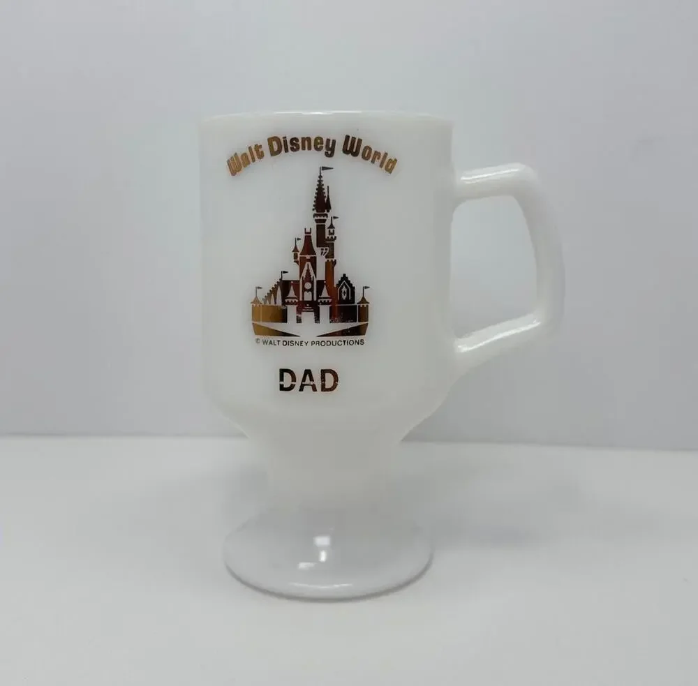 Walt Disney World Dad White Milk Glass Footed Mug Gold Design Vintage Disney
